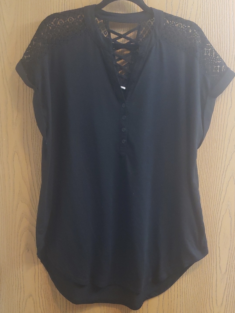 Women's Black Lace-Yoke Crisscross Henley Top